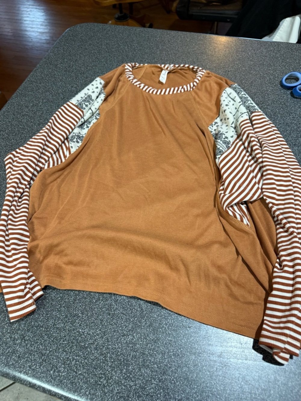 SHEIN Rust Patchwork Striped & Floral Sleeve Long-Sleeve Top